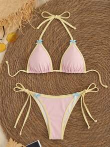 Women's Halter Triangle Bikini Set High Elasticity Swimsuit Side Tie Contrast Binding Beach Swimwear - Multicolor - View 2