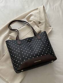 1 buah Tas Tote Patchwork Kapasitas Besar Motif Polkadot Hitam PU untuk Wanita - Hitam - View 3
