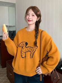 Women's Round Neck Puppy Pattern Long Sleeve Sweater, Winter Outfit - Burnt Orange - View 6