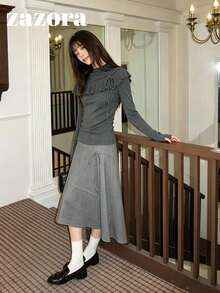 2-In-1 Layered Ruffle Trim Long Sleeve Fitted Slimming Solid Color Minimalist T-Shirt Top For Early Autumn - Grey - View 8