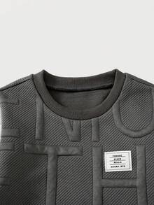Boys' Fashion Colorblock Embossed Letter Design Crew Neck Sweatshirt And Jogger Pants 2 Pieces Set, Spring/Autumn - Grey - View 4