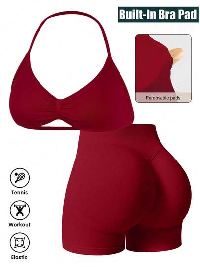 2-delige sportset voor dames met bandjesbh, yoga-ondergoed en korte sportlegging, naadloze yoga-set voor fietsen en hardlopen