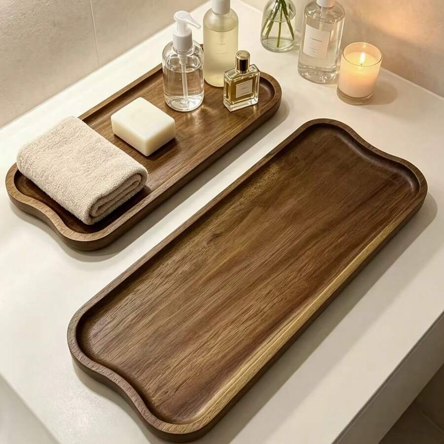 Wavy Edge Wooden Vanity Tray Set, Natural Wood Grain Rectangular Decorative Tray, Multi-Functional Storage Tray Suitable For Kitchen Living Room Desktop Storage Decoration Display - Multicolor - View 1