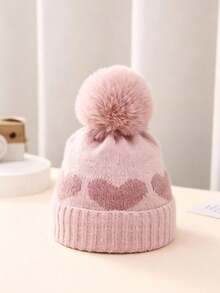 1pc Winter Knitted Hat, Cute Heart Pattern Pom Pom Beanie, Soft Warm Ribbed Cuff Knit Cap For Girls And Boys, Suitable For Outdoor Cold Weather, Fits 0-2 Years Old - Multicolor - View 8