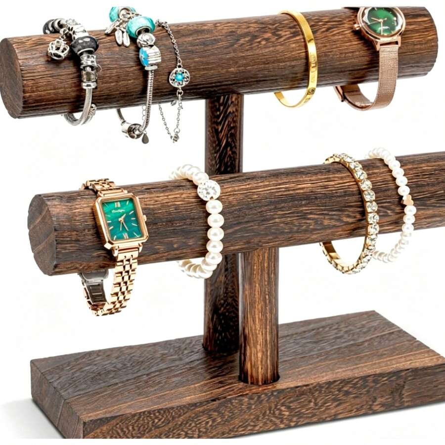 Rak Pajangan Gelang / Rak Penyimpanan Gelang / Pajangan Gelang Kayu / Rak Penyimpanan Gelang Berbentuk T / Menara Pajangan Jam Tangan Kayu - Coklat - View 1
