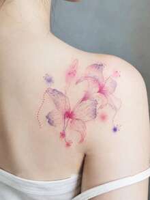 1 Sheet Pink Purple Watercolor Lily Flower Temporary Tattoo Stickers, Soft Gradient Floral With Dot Trail & Ink Splatter Fake Tattoos, Waterproof Aesthetic Body Art For Shoulder Back - Multicolor - View 2