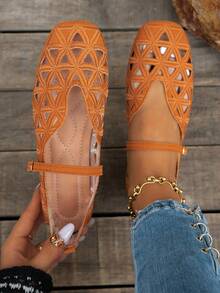 2026 Spring/Autumn New Vintage Embroidered Hollow Mary Jane Flat Shoes, Classic Square Toe Flat Shoes, Exquisite Hollow Embroidered Shoes With One-Strap Buckle Design, Soft Sole, Lightweight, Breathable, French Style, Versatile For Daily Wear, Commuting - Orange - View 1