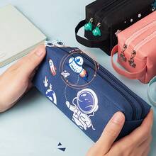 1pc Blue Astronaut Portable Pencil Case, Cute Stationery Bag, Student Supplies Storage Bag, Office Double Layer Large Capacity Canvas Pencil Box, Desktop Organizer, Random Color, Random Packaging - A - View 1