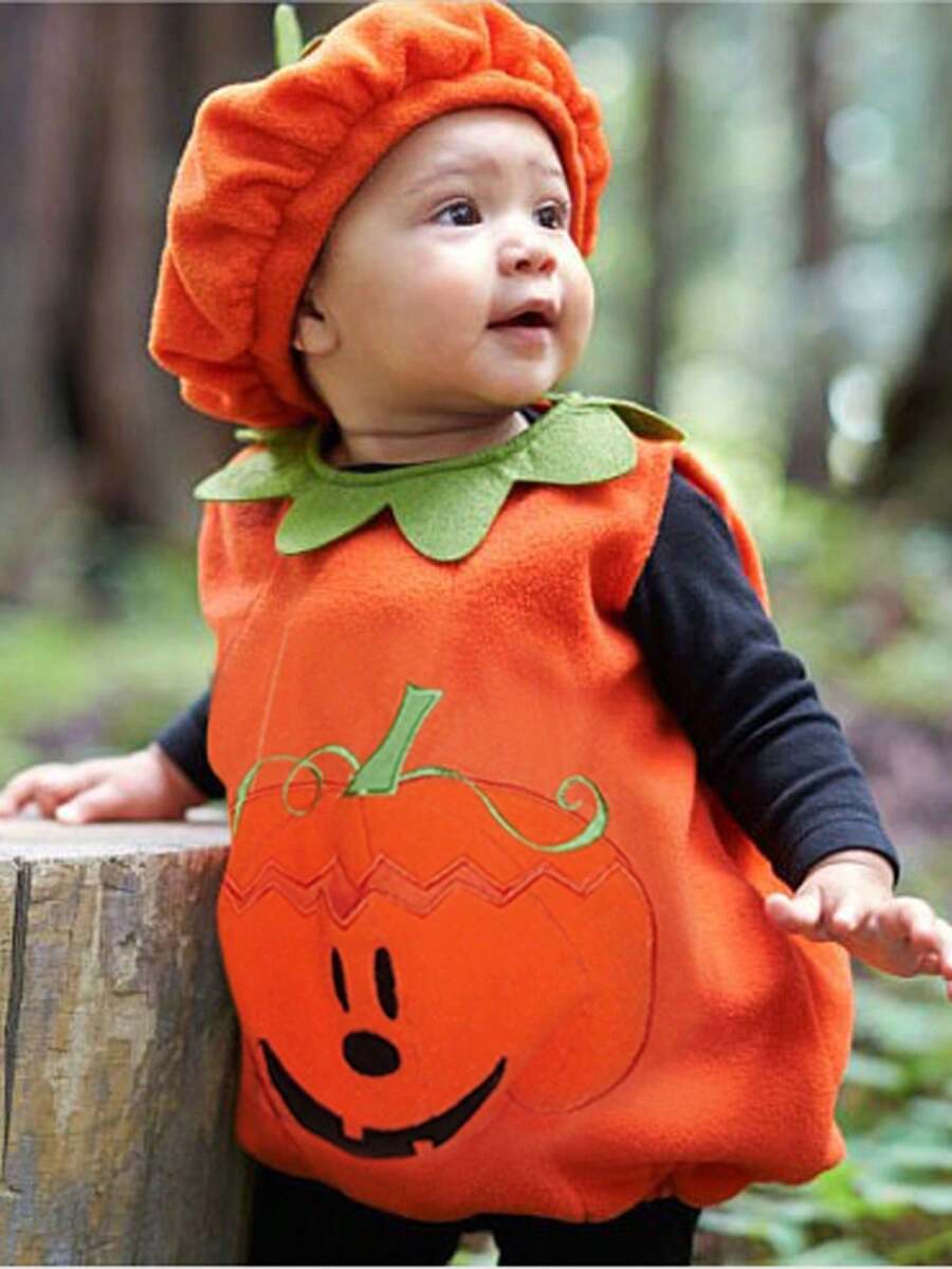 2pcs/Kids/Halloween/Pumpkin Embroidered Sleeveless Tank Top Set - Orange - View 1