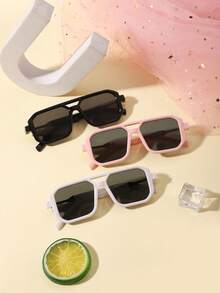 3pcs Kids 3-8Y Solid Color Double Bridge PC Frame Fashion Glasses, Retro Square Style For Party, Vacation And Daily Outings With Glasses Box - Multicolor - View 5