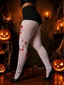 Women Halloween White Red Blood Splatter Graphic Cosplay Tights Pantyhose - Multicolor - View 5