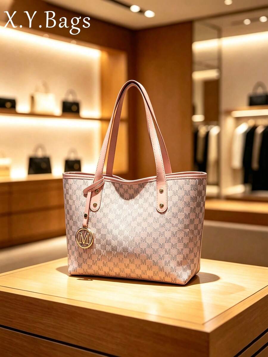 X.Y. Bags 女款粉色字母印花托特包，附金色環吊飾，雙手柄，復古手提包，適合日常通勤與購物
