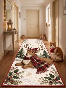 1PC Deer Runner Rug, Bathroom Mat, Hallway Carpet, Bedroom Mat, Winter Christmas Decoration, Winter Christmas Decoration Gift - Red - View 2