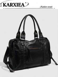 New Women Handbag, Washed Leather Tote Bag, Large Capacity Wallet, Retro Shoulder Bag, Travel Bag, Eye-Catching Work Bag, New Fashion Large Bag, New Women Tote Bag - Black - View 1