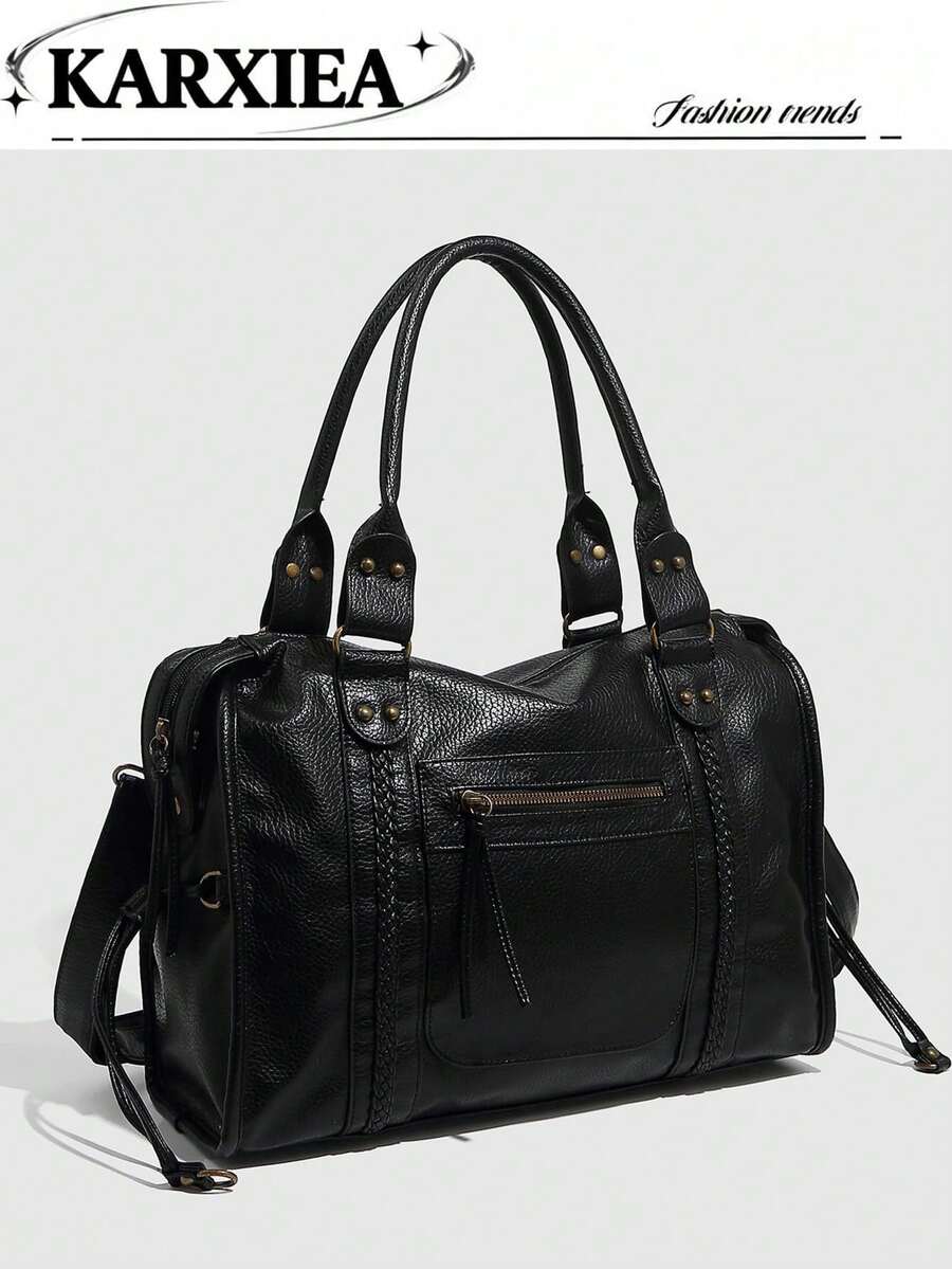 New Women Handbag, Washed Leather Tote Bag, Large Capacity Wallet, Retro Shoulder Bag, Travel Bag, Eye-Catching Work Bag, New Fashion Large Bag, New Women Tote Bag - Black - View 1