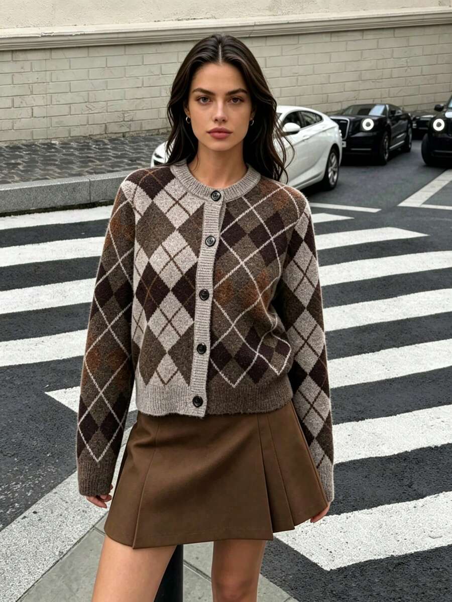 DEEKA Autumn/Winter New Women's European And American Style Fashion Minimalist Diamond Pattern Long Sleeve Single-Breasted Casual Cardigan Sweater - Brown - View 1