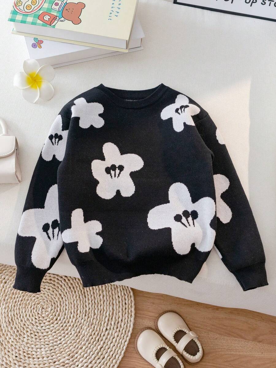 Girls Cute Floral Pattern Knit Pullover Sweater, Suitable For Casual Daily Wear In Spring, Autumn And Winter - Black - View 1