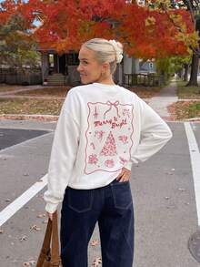 Women's Merry & Bright Print Sweatshirt, Loose Long Sleeve Crew Neck Pullover, Ribbed Hem, Suitable For Autumn And Casual Urban Wear - White - View 3