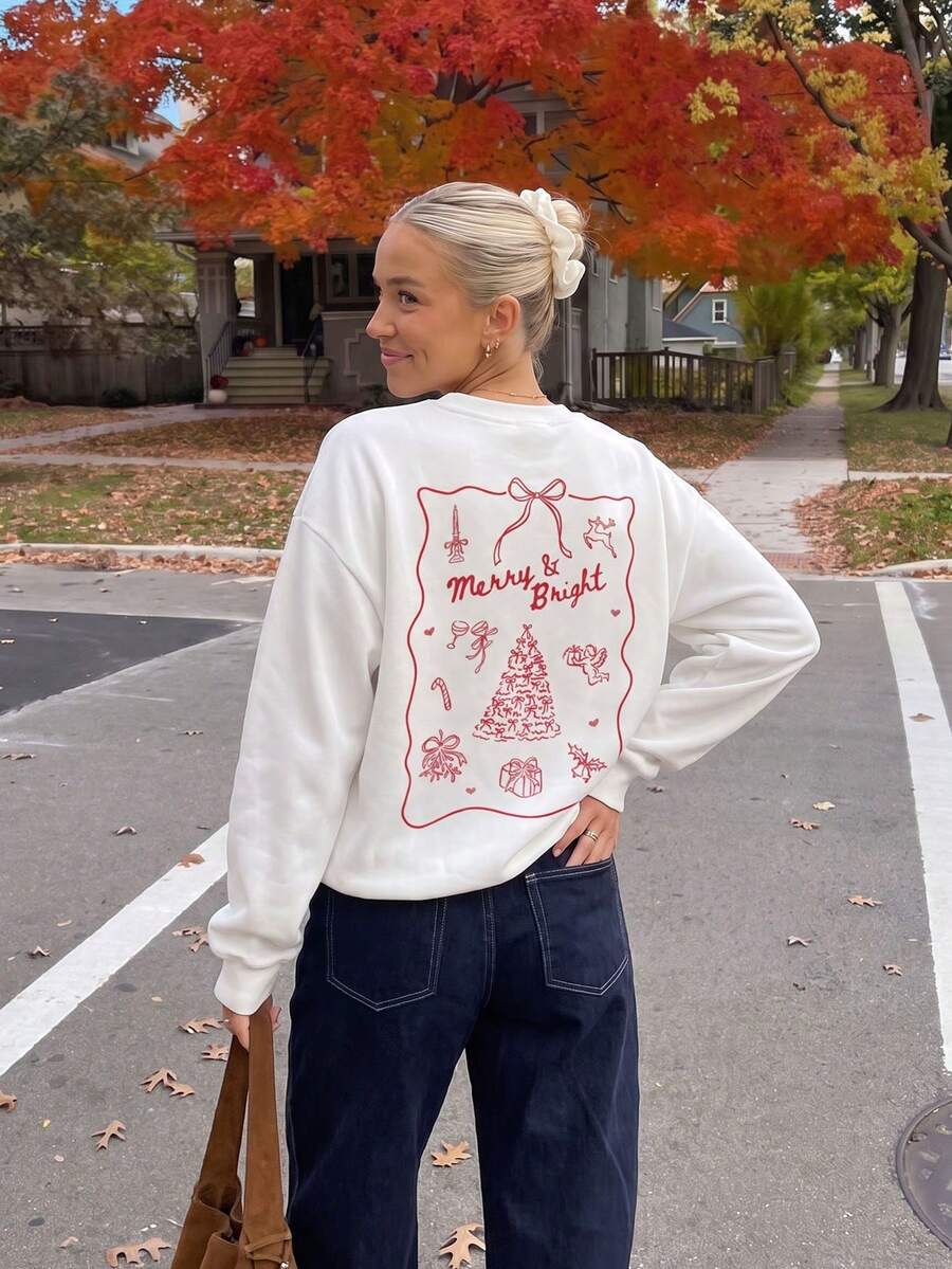 Women's Merry & Bright Print Sweatshirt, Loose Long Sleeve Crew Neck Pullover, Ribbed Hem, Suitable For Autumn And Casual Urban Wear - White - View 1