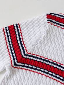 Girls' College Style Colorblock Striped Short Knit Pullover Sweater With Buttons, Suitable For School Casual Wear In Spring, Autumn, Winter - White - View 7