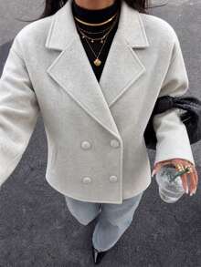 Women's Autumn Solid Color Double-Breasted Wool Jacket - Apricot - View 5