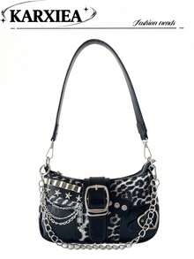 Versatile Crescent Moon Bag, Y2K Millennium Chain Shoulder Bag, Underarm Bag, Handheld Shoulder Crossbody Bag, Chain Mini Bag, Comes With Multiple Interchangeable Straps - Black - View 8