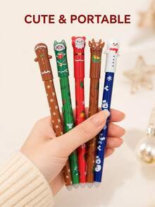 1pc/5pcs/20pcs Christmas Theme Erasable Ballpoint Pens, With Santa Claus, Christmas Tree, Snowman Designs, Erasable Writing Mistakes/Suitable For Note-Taking/Neutral Pens, Christmas Gifts For Children/Classmates/Friends/Colleagues - Multicolor - View 1