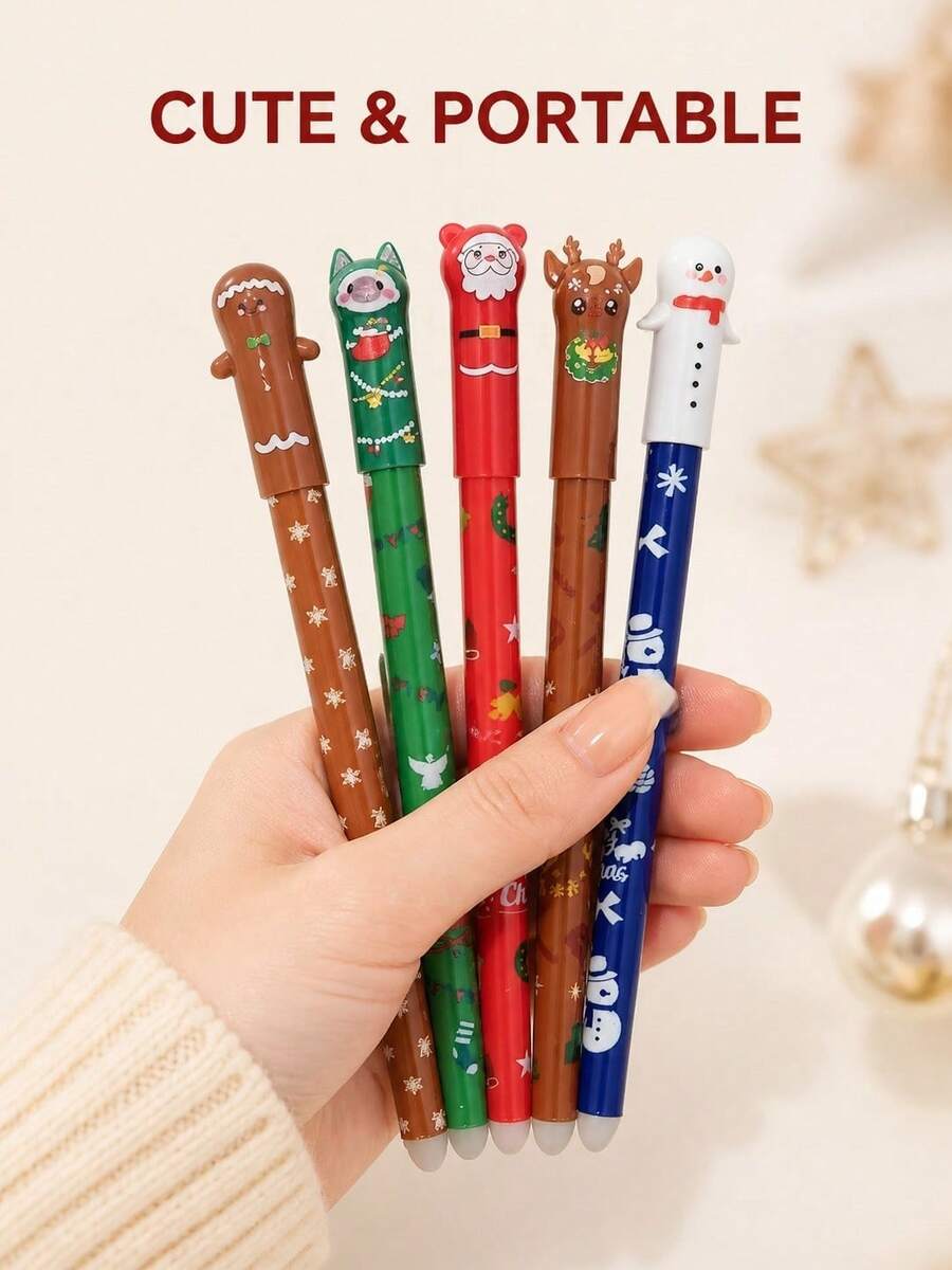 1pc/5pcs/20pcs Christmas Theme Erasable Ballpoint Pens, With Santa Claus, Christmas Tree, Snowman Designs, Erasable Writing Mistakes/Suitable For Note-Taking/Neutral Pens, Christmas Gifts For Children/Classmates/Friends/Colleagues - Multicolor - View 1