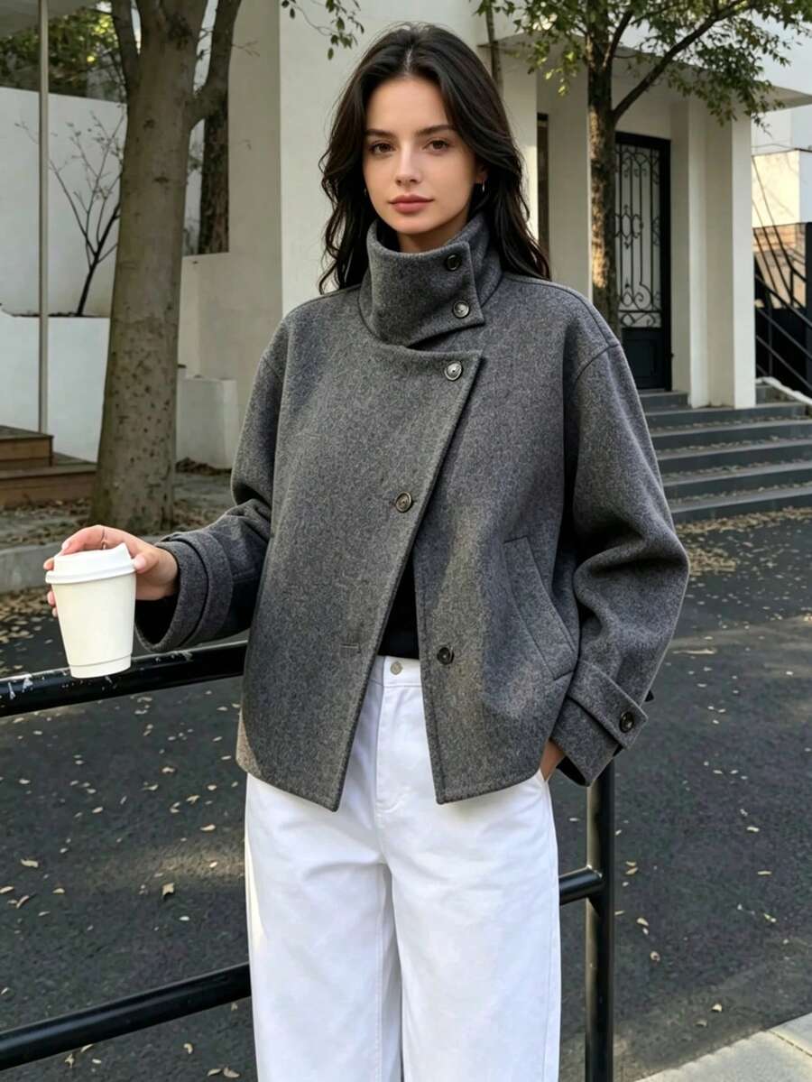 Seelio 秋冬新款女士歐美風時尚簡約百搭立領羊毛混紡灰色高級大衣 - 深灰色 - 查看 1