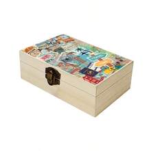 1pc Wooden Storage Box, Travel Theme Gift Box With Illustration, Small Keepsake Box For Souvenir Storage, Memory Preservation, Desk Organization, Modern Home Decor - Multicolor - View 8
