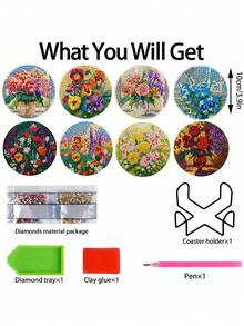 8-Piece Set Of Diamond Painted Coasters, Diamond Painted Coasters With Stand, Diamond Painted Crafts Set, Adult Mosaic DIY Full Diamond Set - A - View 2
