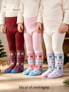 3 Pairs Vintage Floral Pattern Tights For Baby Girls, Soft Skin-Friendly Big Bottom Crotch Leggings, Versatile Holiday Outfit Tights - Multicolor - View 3