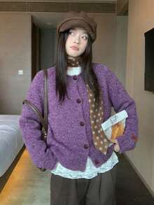 Solid Color Round Neck Cuffed Single-Breasted Knit Cardigan, Casual Commute Lazy Style Sweater Jacket - Purple - View 2