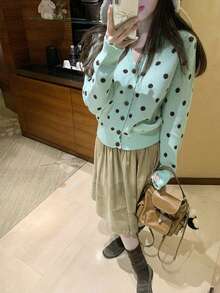 Polka Dot V-Neck Knit Cardigan Slimming Women's Autumn Short Sweater - Green - View 4