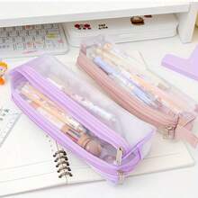1pc Pink Transparent Square Mesh Pencil Case, Lightweight And Practical, Suitable For Office Desk, Portable Storage Bag, Large Capacity Makeup Brush Bag, Random Color, Random Packaging - A - View 6