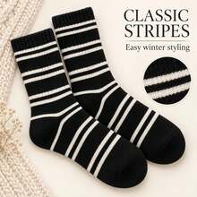 1 Pair Striped Winter Mid-Calf Socks, Thick & Comfortable Knitted Socks With Ribbed Cuff, Neutral Color, Suitable For Daily Wear - Multicolor - View 3