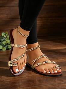 Wide Fit Women's Plus Size Wide Toe Box Sandals, Gold Metallic Decor Toe Cap Flat Slide Sandals, Oval Metal Ornament Flat Slip-On Slippers, Vacation Style Summer Outdoor Beach Slides - Brown - View 4