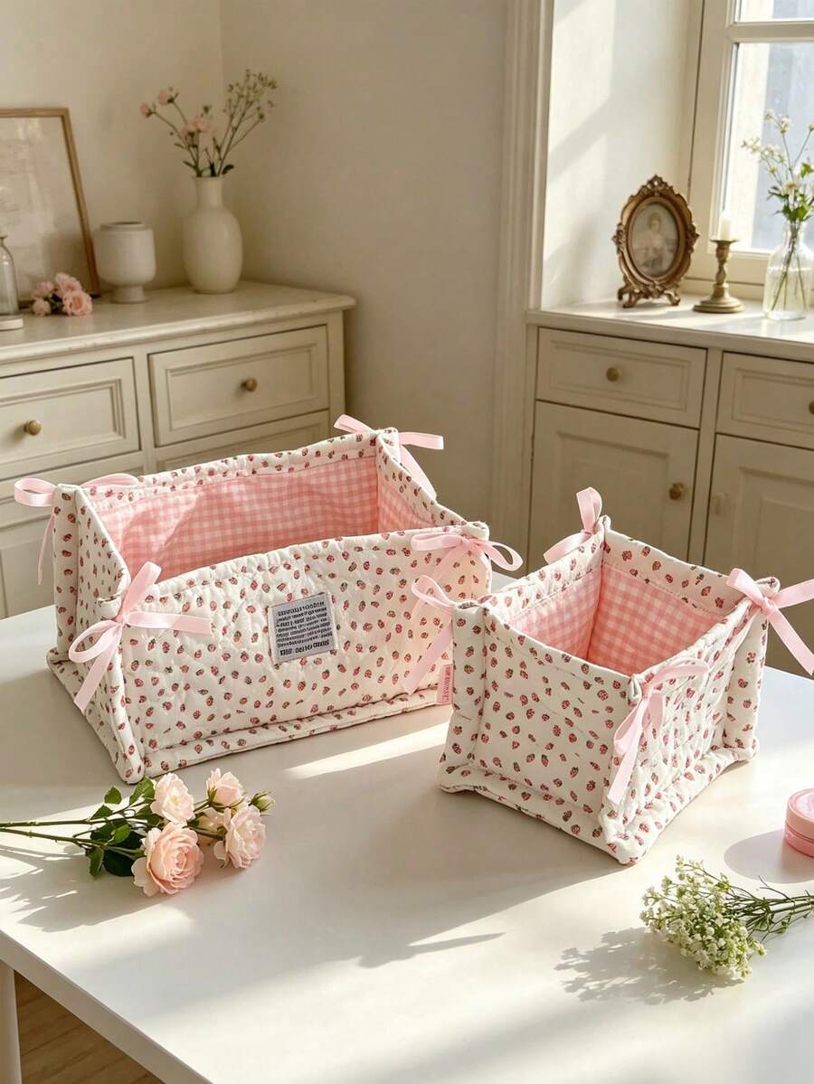 Strawberry Print Quilted Storage Basket, Bow Decor Foldable Fabric Storage Bin, Polka Dot Desktop Organizer, Home Vanity Clutter Storage Box - Multicolor - View 1