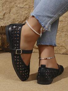 Women's Flat Ballet Shoes With Embroidered Pattern Upper, Solid Color Square Toe, Single Strap Across Instep, Casual Home And Outdoor Wear For All Seasons - Black - View 6