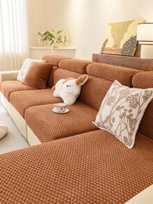 1pc Soft Cotton Velvet Solid Color Sofa Cover, Elastic Stretch Fit, All-Season Warm & Comfortable Minimalist Ins Style Pet-Friendly Non-Slip Elastic Washable Sofa Slipcover, Suitable For L-Shaped 1/2/3/4 Seater Sofa In Living Room, Bedroom, Study - Khaki - View 5