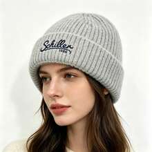 Women Embroidery Chunky Ribbed Knit Beanie Hat, Oversized Big Head Friendly Fluffy Fold Cuff Winter Warm Casual Fall Accessory - Chillen Embroidered Fashionable Korean Style Knit Hat - View 1