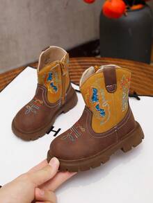 Western Style Embroidered Children's Boots, Mid-Calf Western Boots, Vintage Mid-Calf Boots, Fashionable Comfortable Flat Boots, Suitable For Daily Wear In Autumn And Winter - Brown - View 5