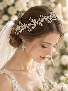 1pc 2-In-1 Rhinestone Pearl Leaf Bridal Sash & Headband, Adjustable Satin Ribbon Wedding Belt For Wedding Gown - Silver - View 5