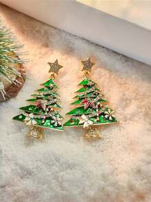 1 Pair Fashionable Luxury Metal Christmas Tree & Star Earrings With Colorful Cubic Zirconia And Bow, Perfect Decoration For Christmas Party - Green - View 4