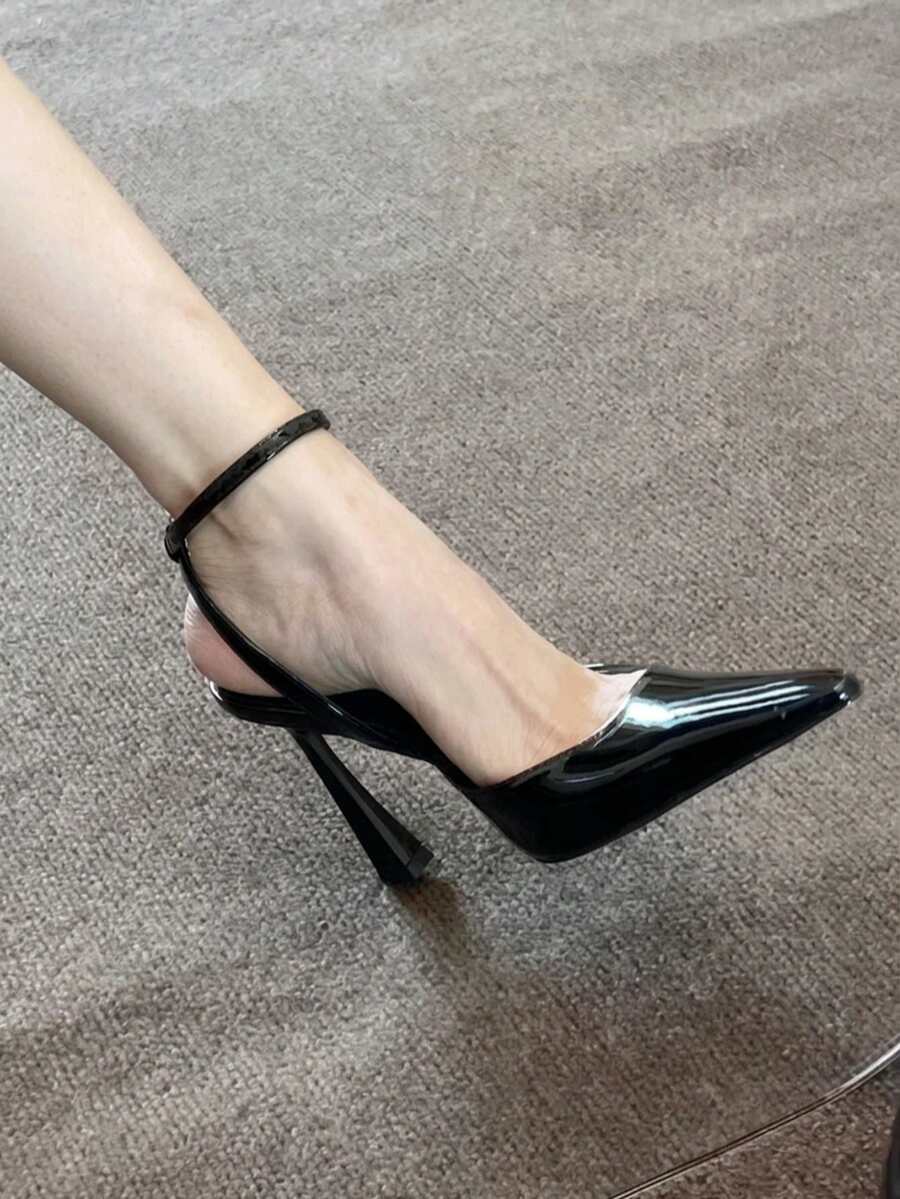 女款黑色尖頭腳踝綁帶高跟鞋,細高跟,適合約會、婚禮、賓客、派對的正裝鞋 - 黑色 - 查看 1