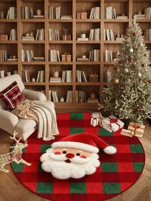 Round Burgundy Christmas Tufted Rug Checkered Border Snowman Gingerbread Gift Candy Cane Plush Rug - Multicolor - View 2