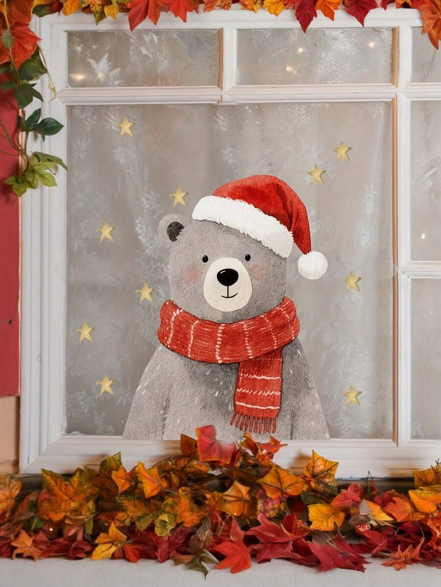 1pc Christmas Window Decor Cute Bear Static Cling Sticker, Knitted Hat And Scarf Design, Reusable Glue-Free Glass Decal, Home And Store Holiday Display Decoration Gift