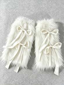 Fuzzy Warm Leg Warmers White Bow Decor Faux Fur Leg Sleeves Y2K Gothic Style Boot Covers Suitable For Party, Cosplay, Winter Outfit - Multicolor - View 4