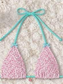 Summer Pink & White Floral Contrast Tie-Up Triangle Cup Bikini, Sexy Style Vacation Swimsuit - Multicolor - View 4