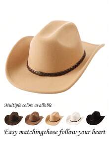 1pc Men's Western Cowboy Hat, Solid Color, Metal Hat Band Decoration, Rolled Brim Jazz Style, Casual Versatile, Party, Daily Wear - Multicolor - View 1